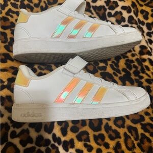 Adidas Kids White Sneakers with Gold and Iridescent Stripes